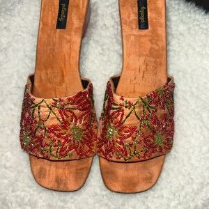 Beaded Silk Slide Sandals Size 10 Made in India Floral Boho Wooden Heel Resort